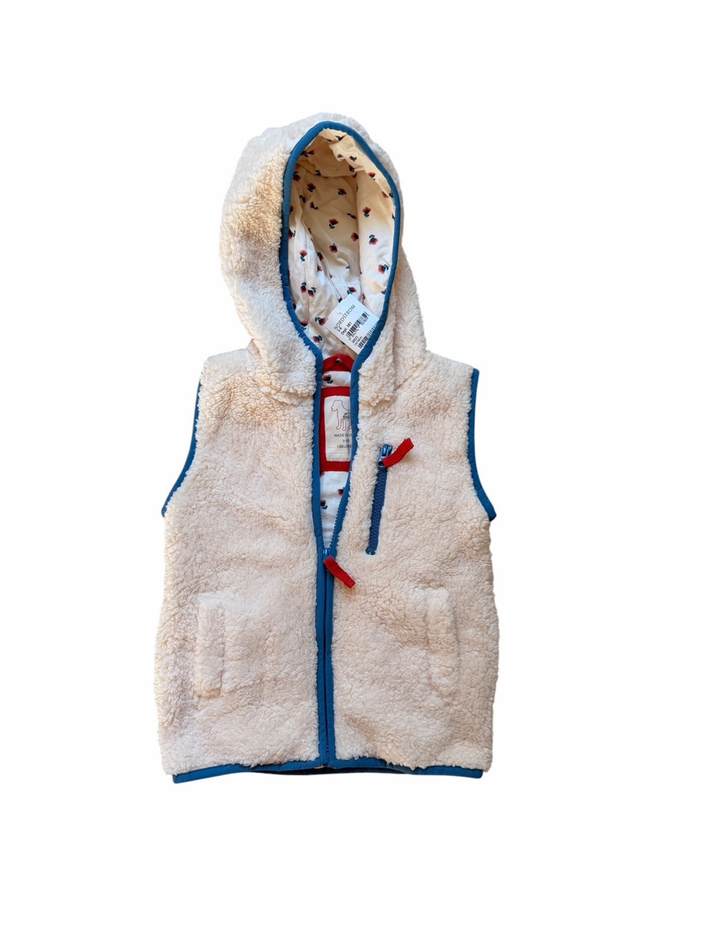 Mini Boden NWT Girls Cream Sherpa Hooded Vest with Blue Trim